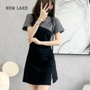 NEW LAKE法式气质拼接假两件黑色连衣裙女夏季设计感小众收腰显瘦a字短裙