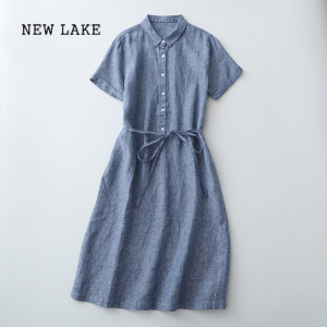 NEW LAKE夏季新款2024大码宽松日系棉麻短袖连衣裙女士系带收腰显瘦衬衫裙