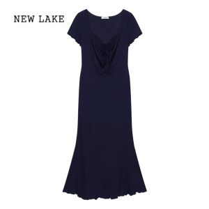 NEW LAKE宝蓝色绑带短袖T恤连衣裙女夏季气质修身鱼尾裙显身材收腰长裙子