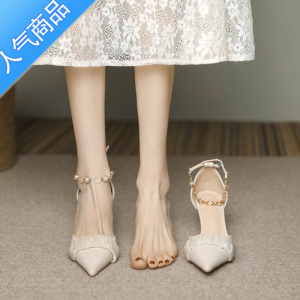 SUNTEK凉鞋女3公分小跟单鞋气质名媛中低跟法式细跟高跟鞋配裙子设计感
