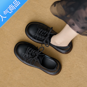 SUNTEK黑色小皮鞋女2023年秋夏季新款英伦风厚底乐福鞋系带jk单鞋子