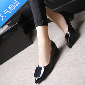 SUNTEK2023春季新款韩版百搭单鞋女方扣中跟高跟粗跟尖头鞋浅口工作鞋子