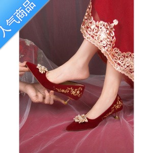 SUNTEK婚鞋女新娘鞋不累脚结婚鞋中式禾秀婚纱两穿红色高跟鞋小众高级感