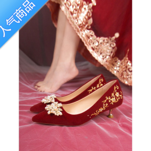 SUNTEK婚鞋女新娘鞋不累脚结婚鞋中式禾秀婚纱两穿红色高跟鞋小众高级感