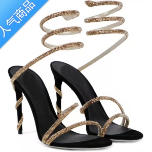 SUNTEK2023新款法式名媛钻石细带蛇形绕脚时装高跟细跟圆头露趾女凉鞋