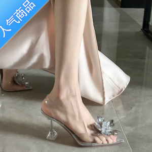 SUNTEK珍美雅家新款包头凉鞋女尖头透明水晶花仙女风细跟高跟鞋气质婚鞋