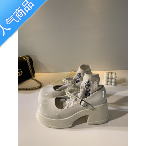 SUNTEK白色厚底小皮鞋女2023夏季新款日系法式复古粗高跟珍珠玛丽珍单鞋