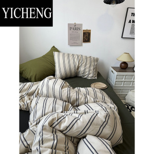 YICHENG中古简约风ins混搭复古绿条纹水洗棉四件套床单1.8被套三件套床笠