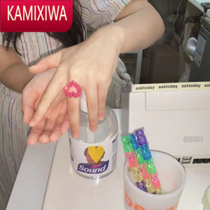 KAMIXIWA买2送1!swingset韩国超嗲粉嫩串珠爱心水晶编织戒指赵丽颖