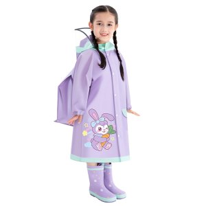 正雨儿童雨衣小学生幼儿园男孩女孩上学长款连体卡通雨衣可爱 紫色乖乖兔 L
