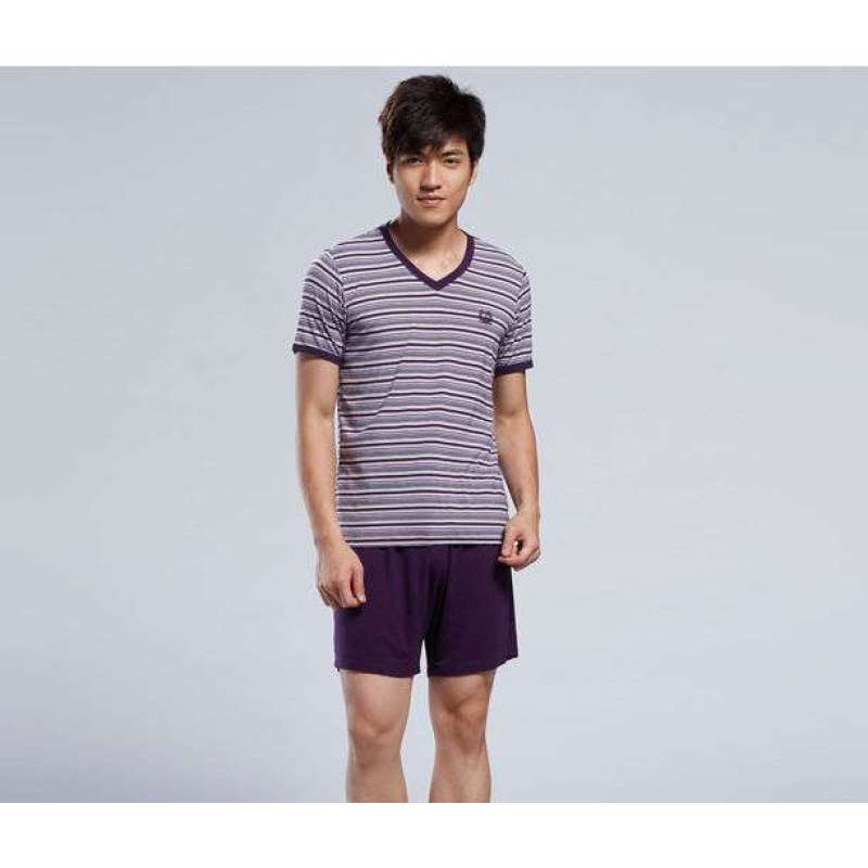 稻草人男士家居服套装 夏款短袖短裤(紫色L)