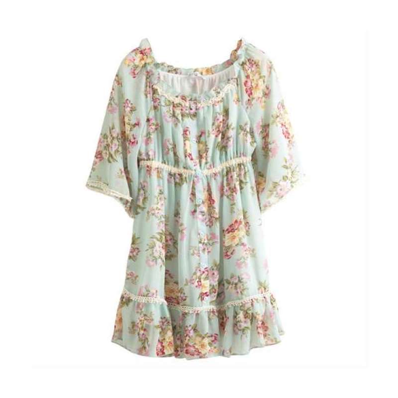 佐丹奴女装清新雪纺五分袖连衣裙01162012(粉绿大花色/30)