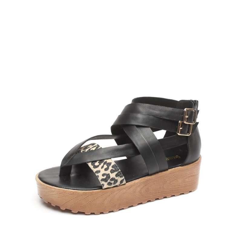 Teenmix 天美意2012夏季黑色牛皮/杏色黑豹纹猪皮凉鞋11B315 34