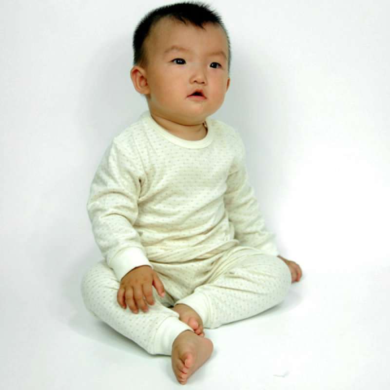 素棉宝贝J003长袖肩扣圆领内衣套装100（棕色圆点提花）