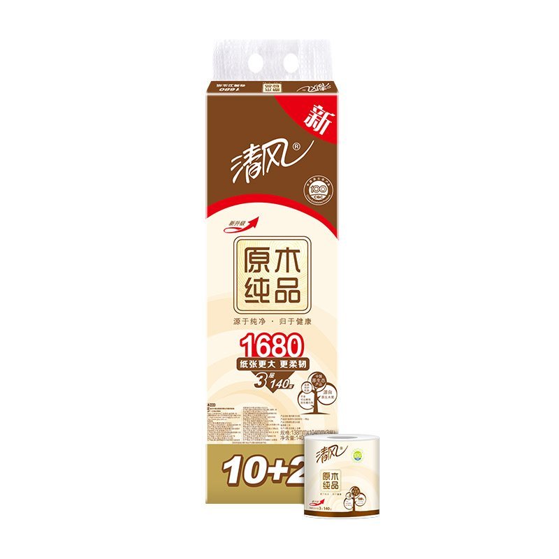 清风原木纯品3层140克12卷卷筒卫生纸