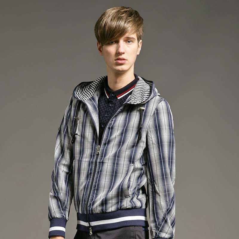 gxg1978 男士时尚连帽格纹休闲夹克#11621038（黑白格/L）