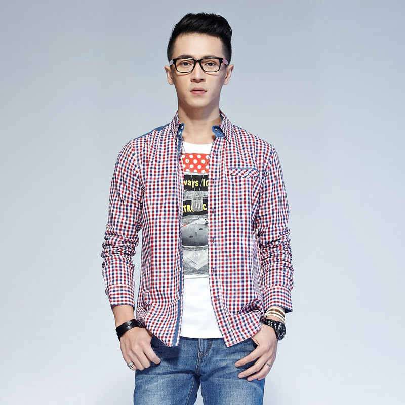 唐狮 男式 男格子拼接长袖衬衫613111015405(枣红L)