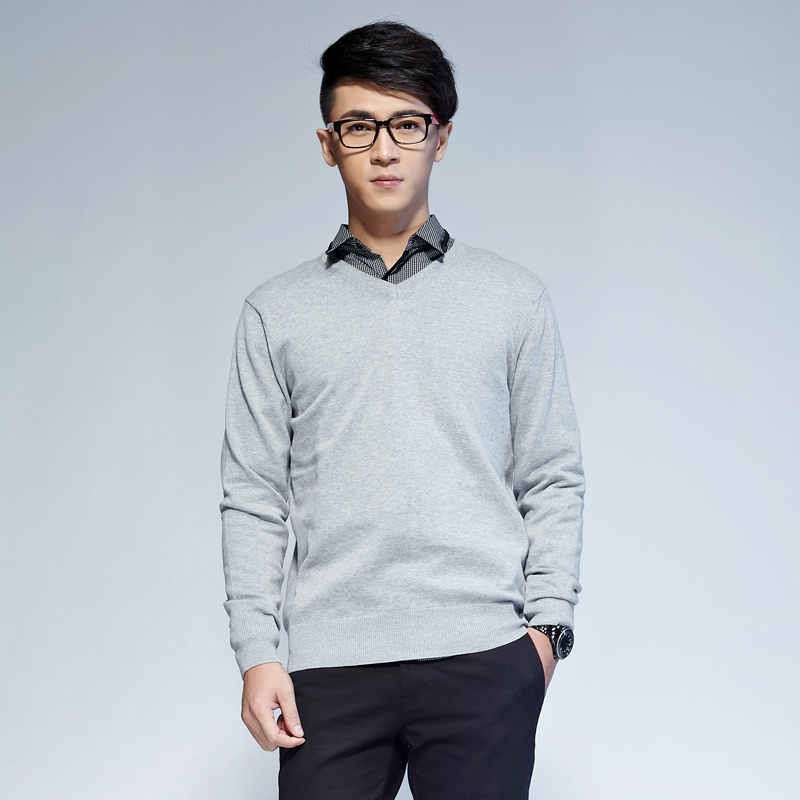 唐狮 男式 男V领素色线衫613111043411(浅麻灰M)