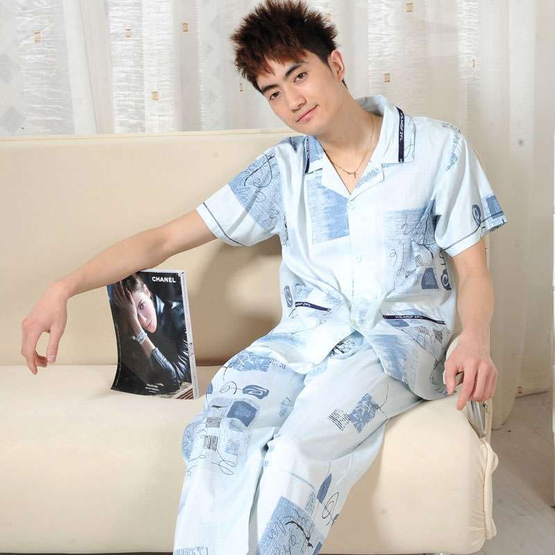 金丰田夏季男士全棉短袖家居服套装蓝色(L)1367
