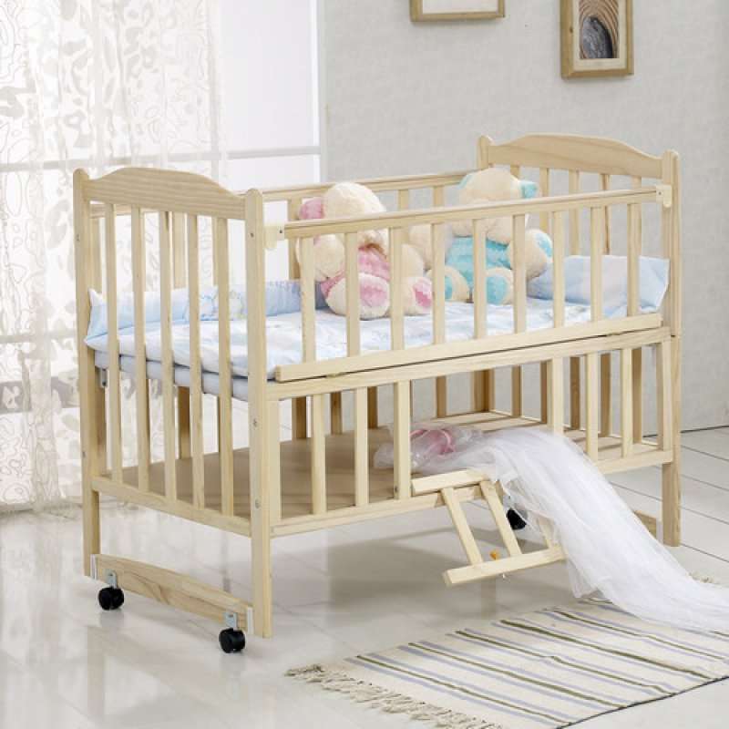小硕士实木无漆婴儿床游戏整体摇床送蚊帐置物板hb1185-2