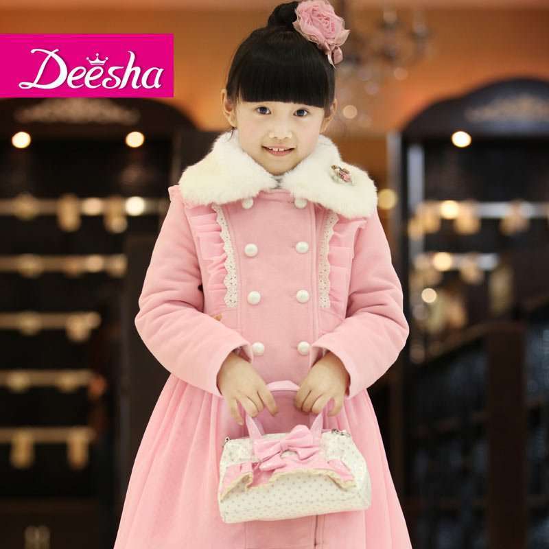 DEESHA笛莎女童韩版中长款夹棉呢外套大衣1119248粉色150