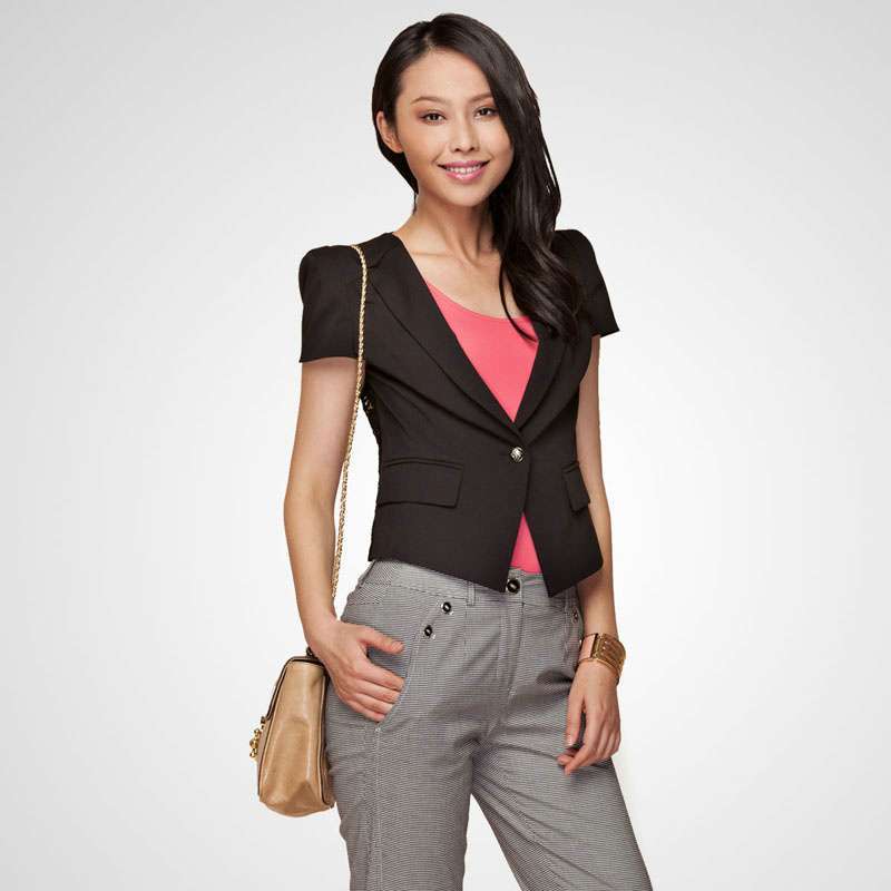 Theme 掂牌 女装夏季上线时尚瑞丽拼接蕾丝修身短款西装外套 上衣TK8WB3WE01(黑/S)