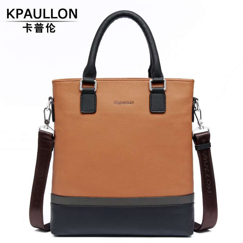 Kpaullon/卡普伦 男士真皮手提包 头层牛皮单肩斜挎包 简约牛皮公文包8561-3 卡其色