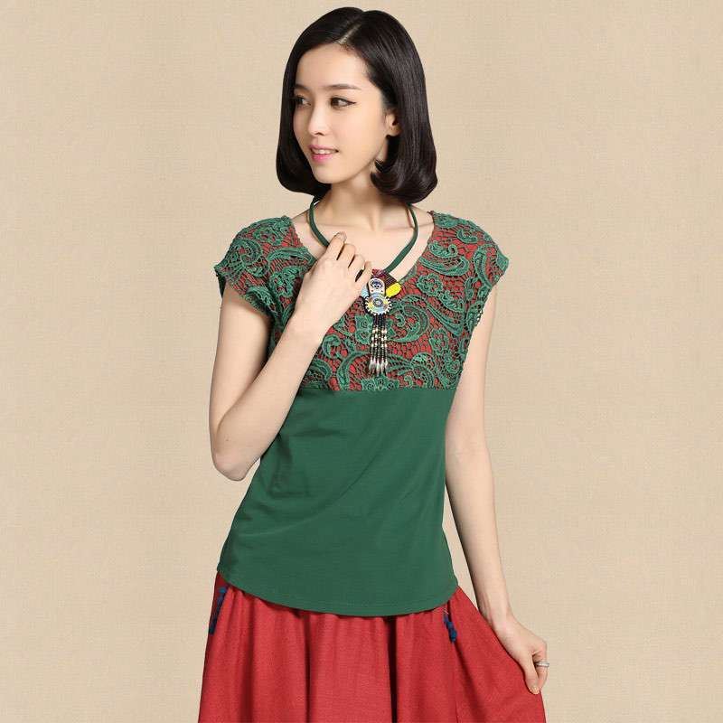 俏艺 2015夏装新款 深绿民族风拼接手工蕾丝花边棉短袖修身t恤女 1995 深叶绿 L