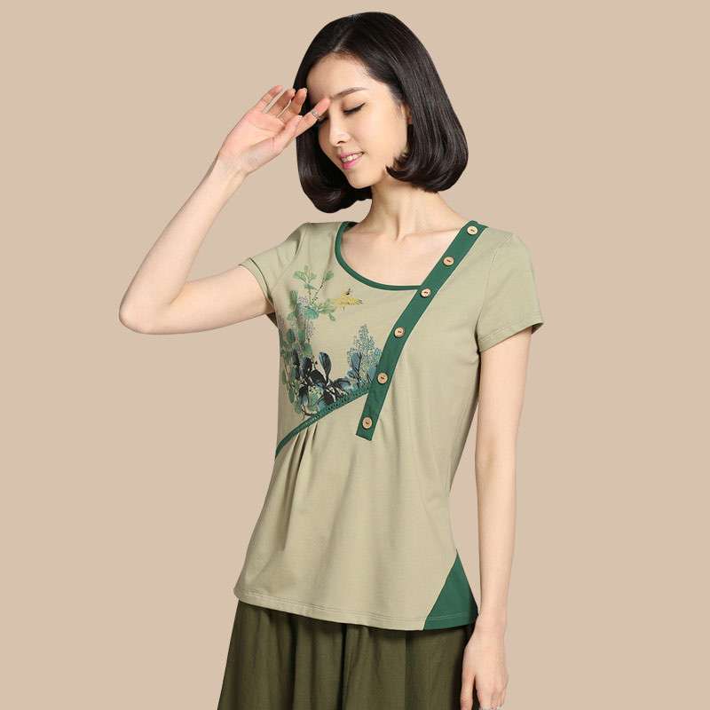 俏艺 2015春夏女装新品 浅绿中国风印花订钮短袖修身t恤女1993 浅草绿 XL
