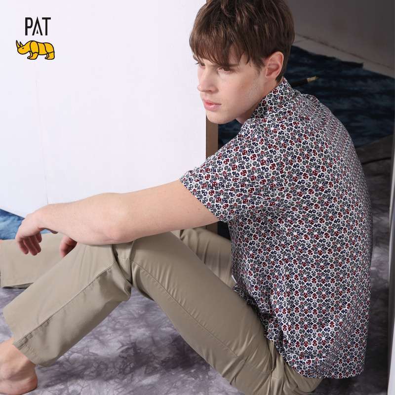 韩国犀牛pat 男士休闲短袖衬衫 纯棉印花衬衣 高档品质 男装夏季新品