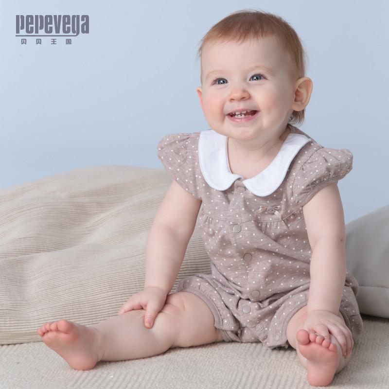 贝贝王国(PEPEVEGA)圆点印花拼接领设计爬服连体服哈衣 2014夏装新款休闲纯棉短袖女童宝宝连身衣