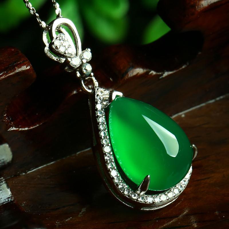 【臻誉珠宝首饰旗舰店吊坠/项链】臻誉 绿玉髓水滴挂件s925银镶嵌玉髓