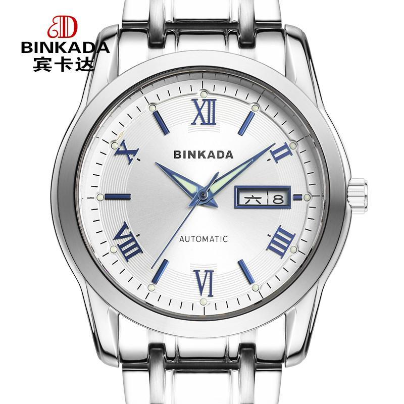 宾卡达BINKADA手表 全自动机械表 商务休闲精钢防水男表 罗马刻度双历精钢腕表8290 钢带白盘
