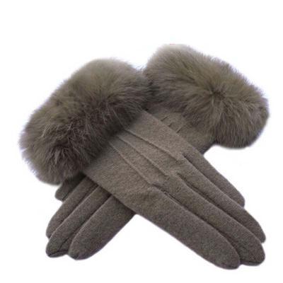 秋冬女士羊毛羊绒手套加绒加厚兔毛口保暖双层触屏手套 加厚触屏茶