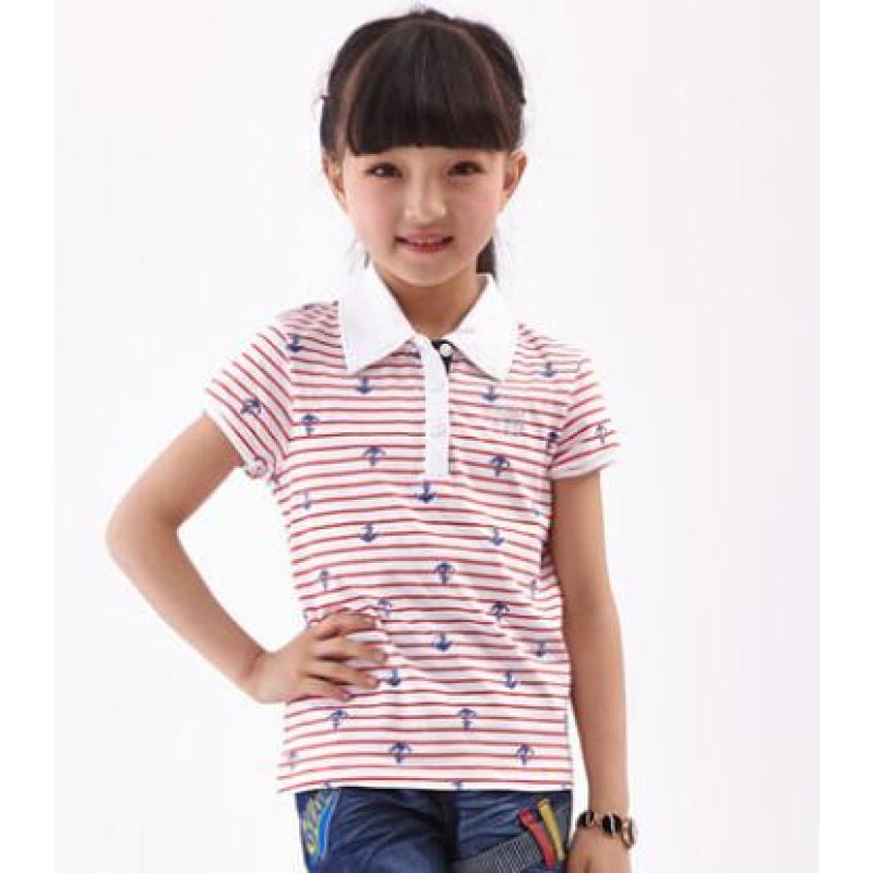换季特价包邮正品永高人童装女童夏季时尚翻领短袖条纹t恤上衣 大红条