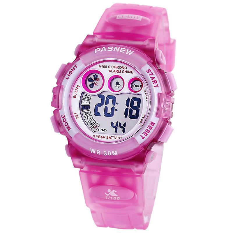 PASNEW百圣牛防水儿童表 学生电子手表 LED手表果冻手表 运动手表 计时手表 粉红