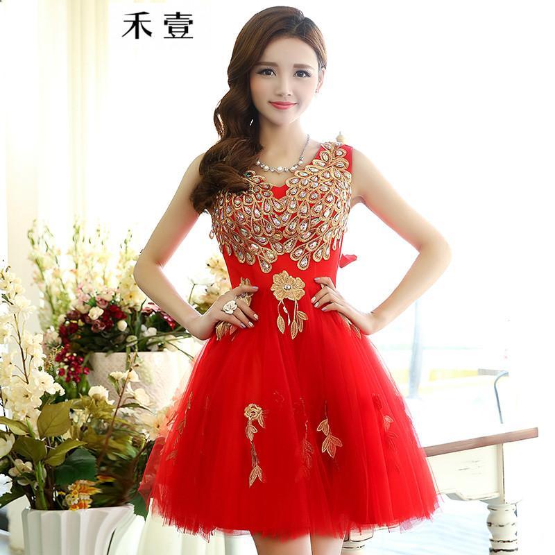 禾壹 2015年春装新款女装婚服礼服结婚裙新娘敬酒服回门装收腰欧根纱连衣裙婚礼服 大红色 XL