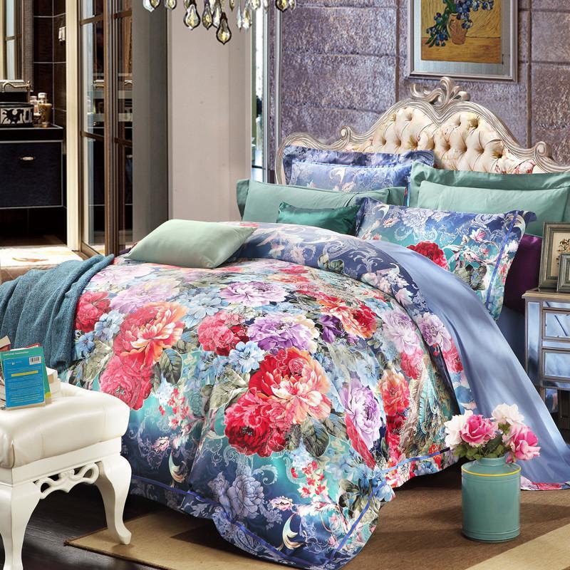 轩蓝仕家纺 臻品贡缎面料提花绣花全棉四件套 纯棉里料床单套件 床上用品 1.5m床适用 情迷蓝调-蓝