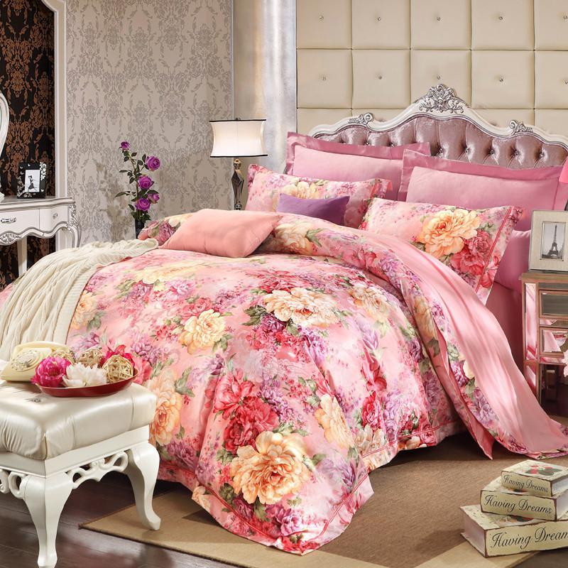 轩蓝仕家纺 臻品贡缎面料提花绣花全棉四件套 纯棉里料床单套件 床上用品 1.8m床适用 满堂花恋-玉色