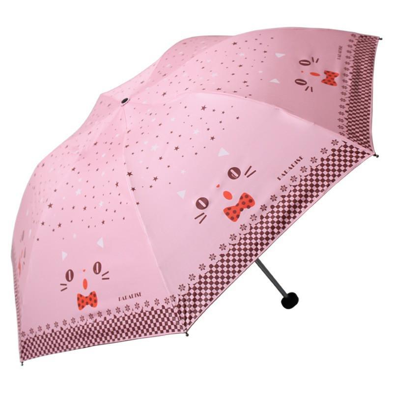 天堂伞 33115E小猫咪咪黑胶防紫外线三折铅笔晴雨伞 粉红色