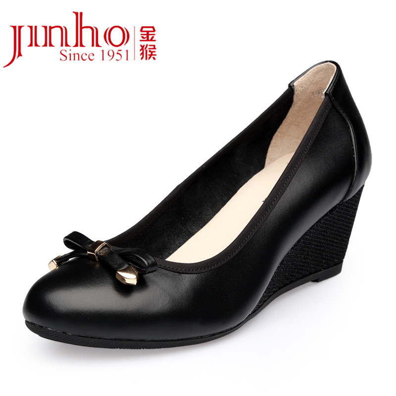 金猴 Jinho春秋时尚 坡跟 舒适套脚蝴蝶结 女单鞋Q59068A /C/D 黑色 37码