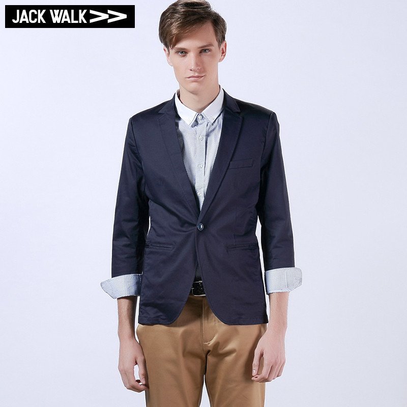 JACKWALK E0141018藏青 贡缎多色一粒扣瘦身版七分袖休闲西服