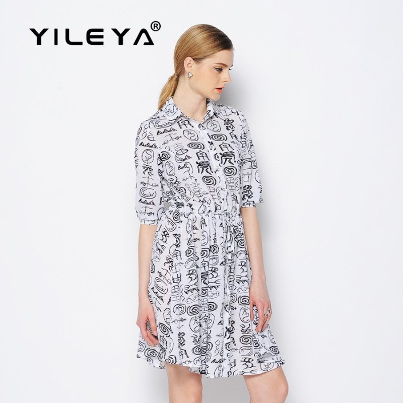 YILEYA2015印花七分袖抽绳连衣裙DS15B006