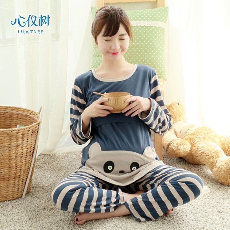 心仪树 秋季女士孕妇款哺乳睡衣套装休闲卡通条纹家居服 多款可选 L QYS-338#月子服