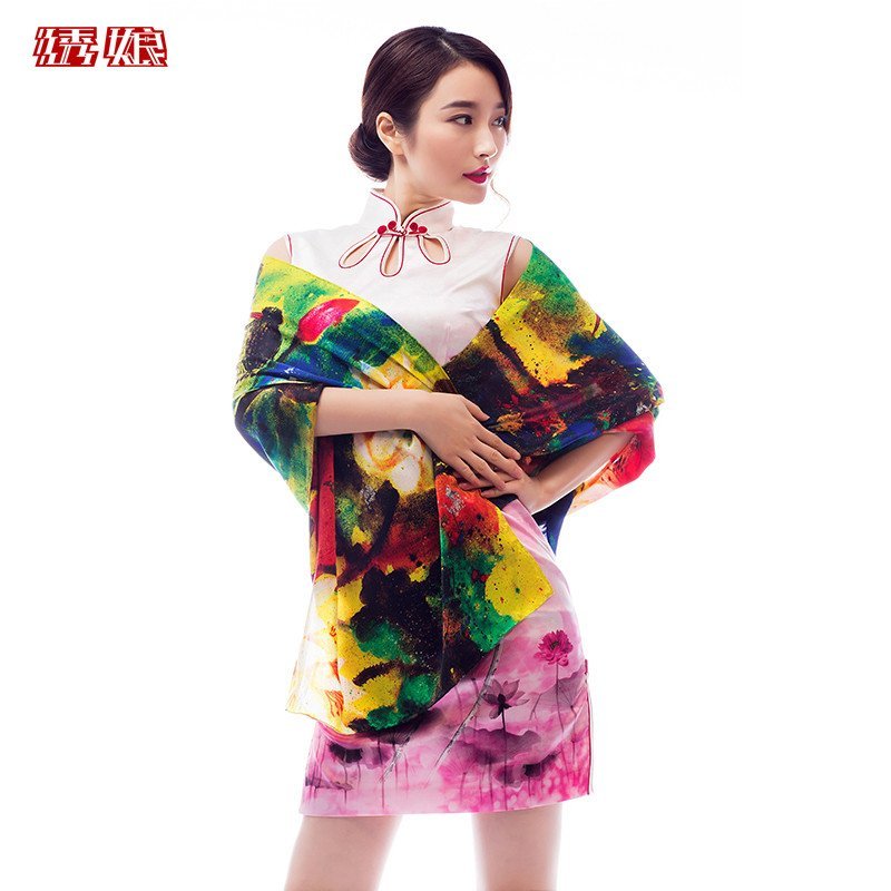 绣娘高档数码艺术长巾女士真丝围巾旗袍春秋披肩中国风禅意设计 蓝色-1