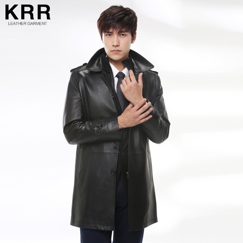 KRR KRRF003 -1男士黑色翻领中长款皮衣