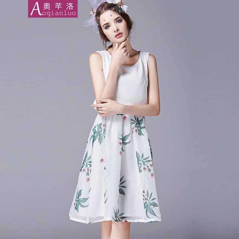 奥芊洛 2015夏秋新款欧美时尚假两件套无袖印花连衣裙中长款雪纺女裙小清新夏裙【货到付款】 XL 白色