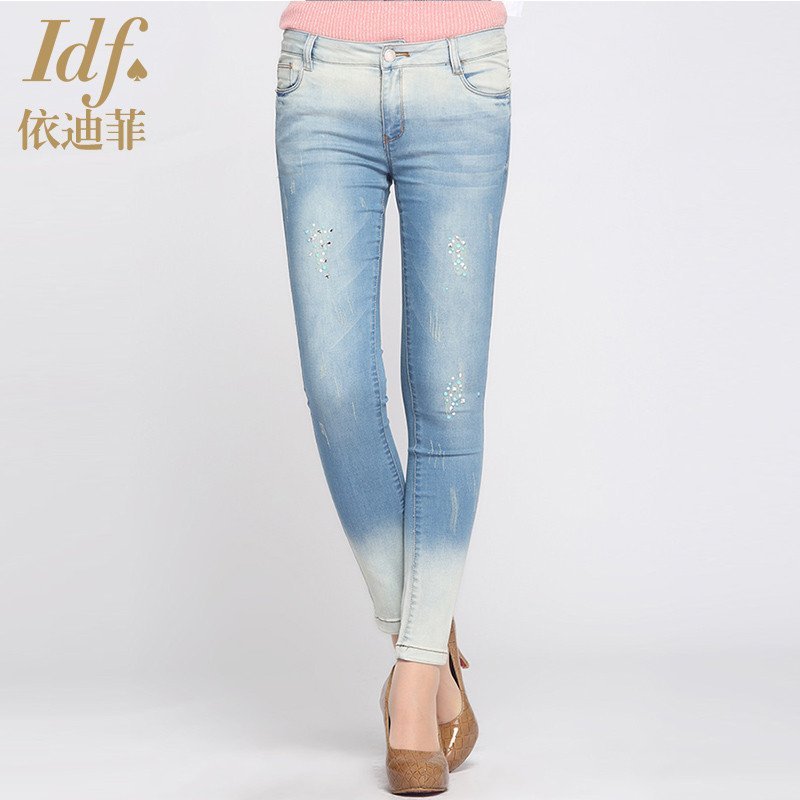 idf依迪菲2015秋装新款镶钻牛仔小脚裤亮片修身显瘦长款牛仔裤FKN5102C