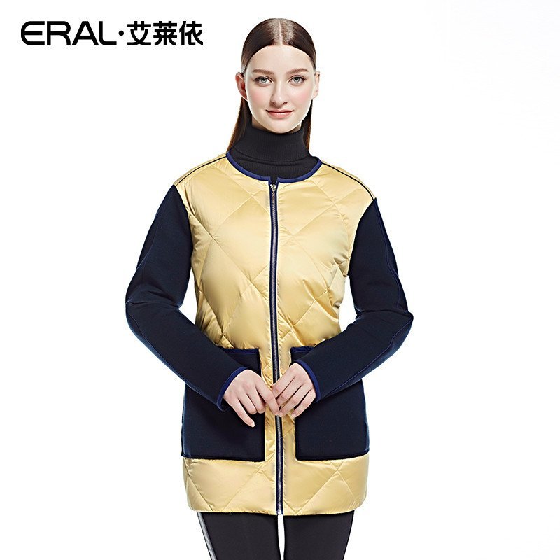 艾莱依2015冬装新款撞色包边圆领女显瘦羽绒服女中长款ERAL6032D 175/96A/XXL 缎面金