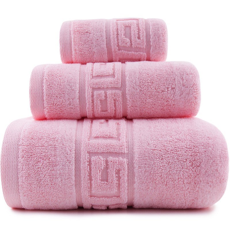 三利 精梳纯棉 A类 婴儿可用 吉祥缎档 割绒方毛浴巾三件套 礼盒装 粉红色 70×140cm